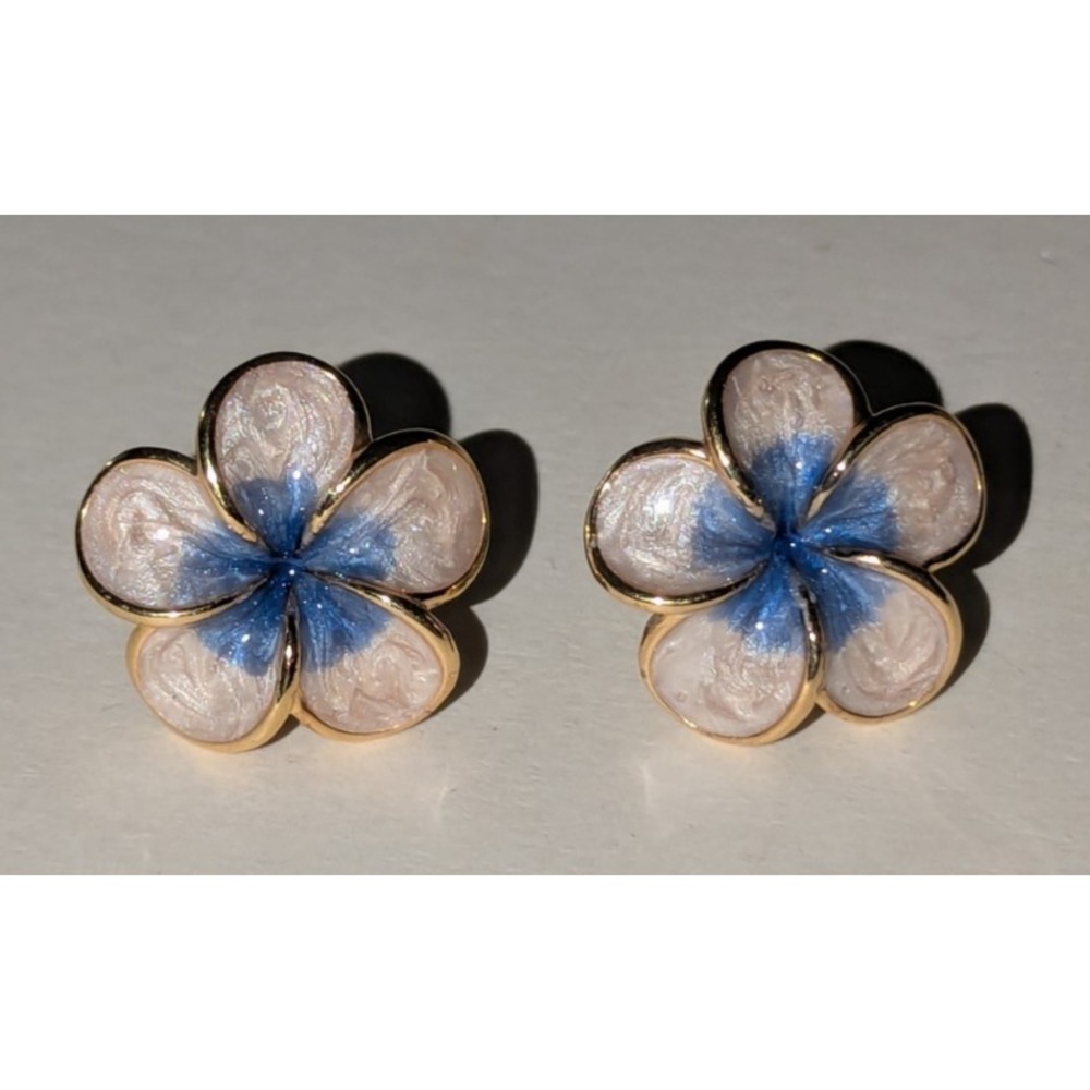 RDH Enamel Plumeria Flower Stud Earrings Gold Tone Hawaiian Tropical EUC Floral